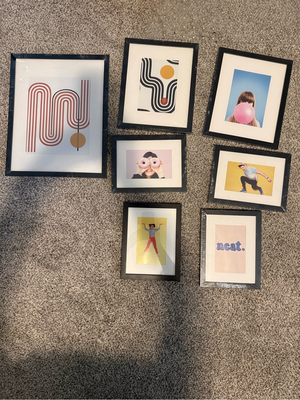 Set of 7 Modern Black Photo Frames with Art Inserts - Pink & Yellow Accents